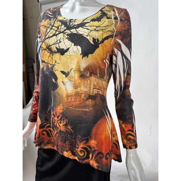 Halloween Castle & Cat Print Long Sleeve Tunic Top - Picture 10 of 16